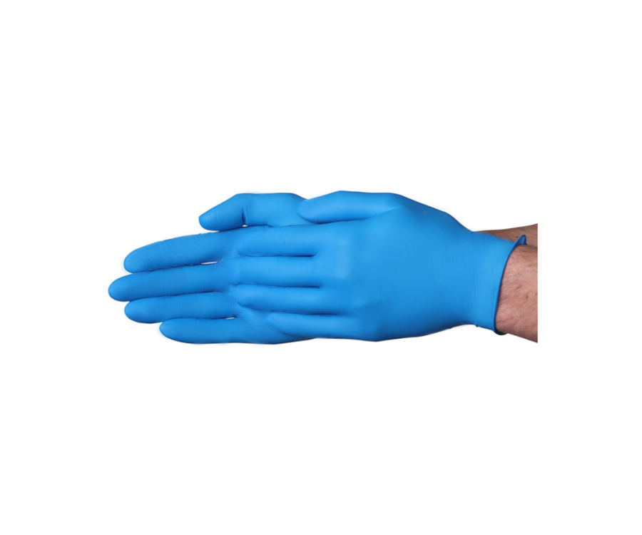 A pair of hands wearing blue disposable gloves, with one hand resting on top of the other. VGuard® 4-mil Blue Nitrile Industrial Gloves (XXL, 90 Gloves/Box, 10 Boxes/Case)